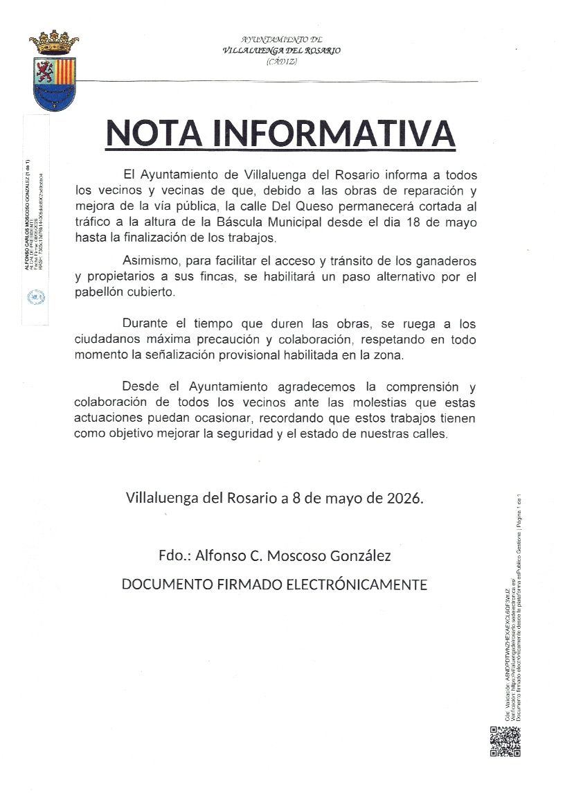 NOTA INFORMATIVA AYUNTAMIENTO VILLALUENGA DEL ROSARIO: CORTE EN CALLE DEL QUESO POR OBRAS