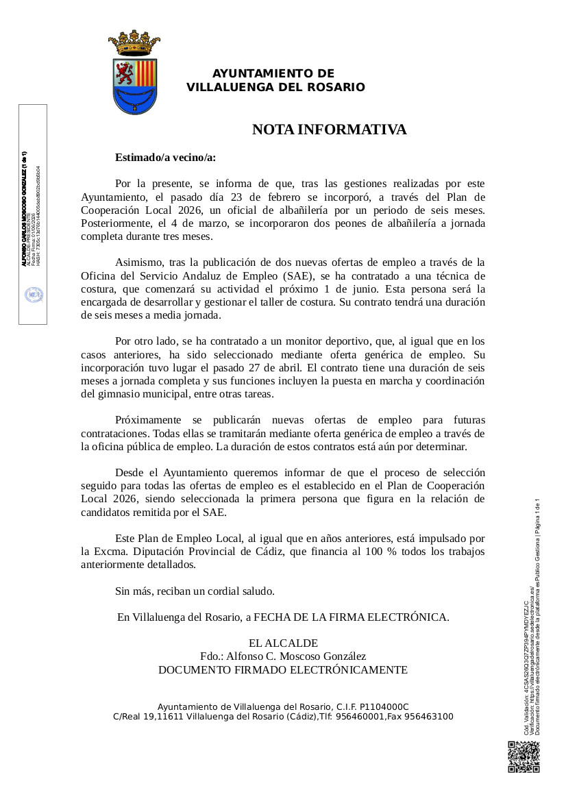 NOTA INFORMATIVA: NUEVAS INCORPORACIONES LABORALES. PLAN DE COOPERACIÓN LOCAL 2026