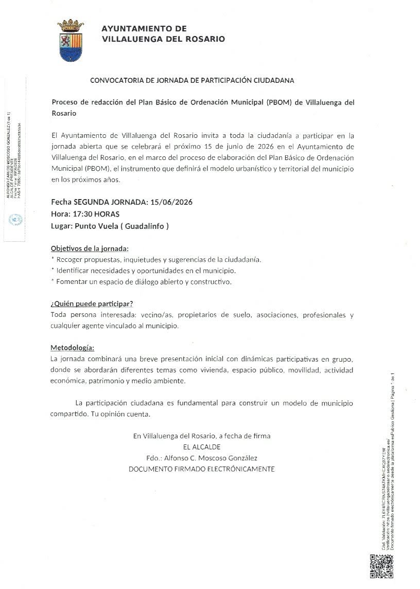 NOTA INFORMATIVA: 2ª JORNADA DE PARTICIPACIÓN CIUDADANA DEL PBOM DE VILLALUENGA DEL ROSARIO